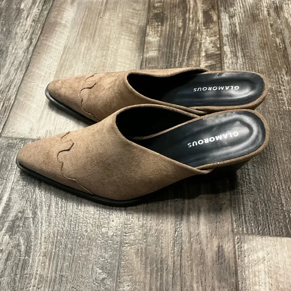 Glamorous Taupe Pointed Mule Heels Size 8 - Picture 7 of 16